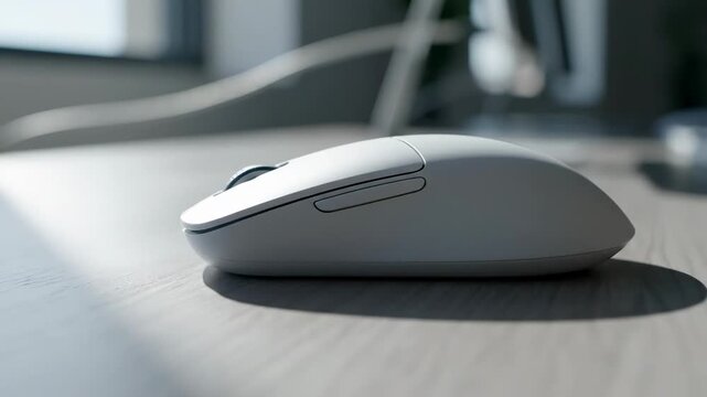 Video of minimalist wireless computer mouse placed on textured matte desktop, clean office environment, digital lifestyle aesthetic, corporate technology backdrop.
