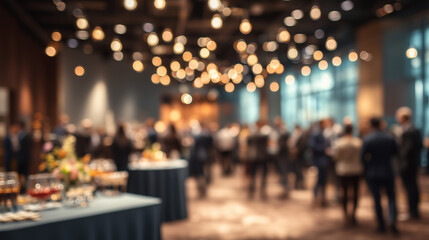 A blurry event hall filled with people standing near tables with appetizers and drinks, illuminated by numerous overhead warm lights. © Faisal
