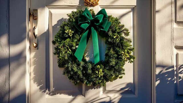 Festive green wreath casting shadows on white door as sunlight shifts