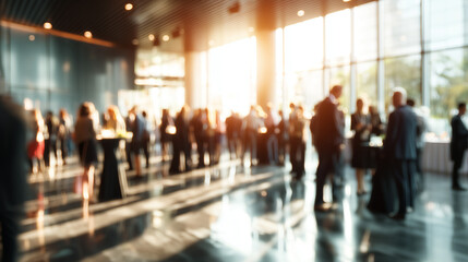 Fototapeta premium A bustling, blurred crowd of diverse individuals mingles and networks in a spacious, modern convention center or bright corporate lobby bathed in natural sunlight.