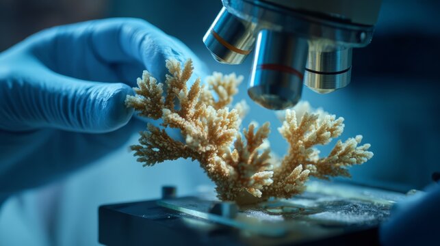 A marine biologist examining coral fragment sample.