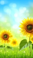 Obraz premium Vibrant Sunflowers Dancing in the Gentle Breeze of a Sunny Meadow with a Beautiful Bokeh Background