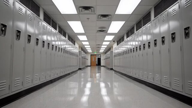 Video of empty high school hallway with neatly arranged lockers and luminous ceiling lights, campus interior concept for learning and youth development visuals.