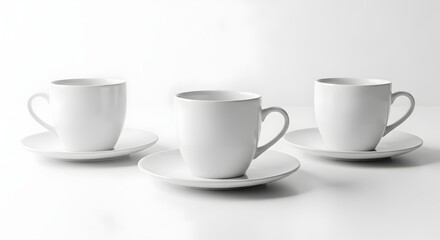 Fototapeta premium Three white ceramic coffee cups on saucers