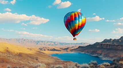 Obraz premium Vibrant Hot Air Balloon Rises Above Green Valleys and Mountains, Embracing the Adventure Spirit