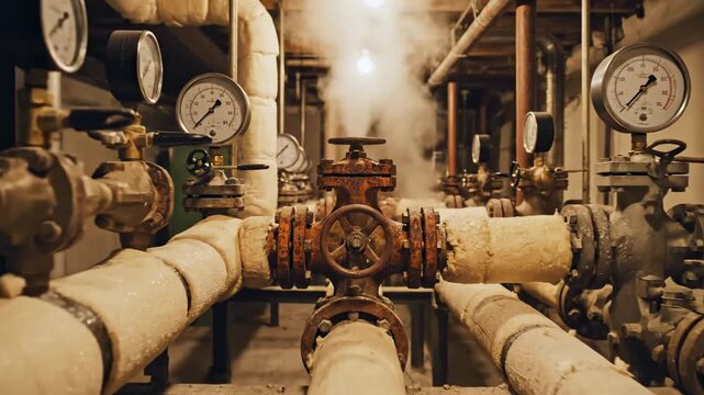 This video presents residential boiler room with heating pipes and visible steam movement, energy efficiency theme and building services engineering visual for facility management campaigns.