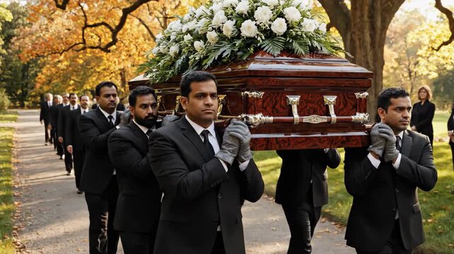 Pallbearers carry a wooden casket during a funeral procession in a park. Men in suits walk solemnly at a burial ceremony. Sad event and tradition of mourning.