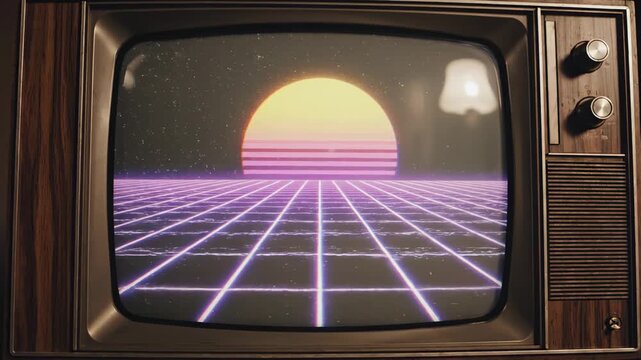 Video of vintage television screen with animated scanlines and signal flicker, classic analog display aesthetic for retro branding, synthwave visuals and archival style content.