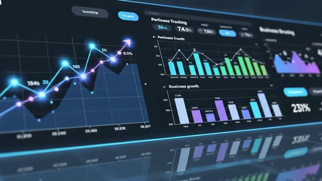 Video of digital marketing analytics dashboard with animated conversion graph in dark mode, business growth and performance tracking concept for data-driven strategy and corporate branding.