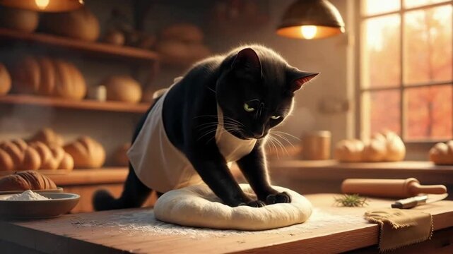 Black cat kneading dough in a cozy bakery with warm lighting  