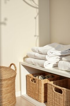 Cuarto de lavander&iacute;a limpio con cestas de mimbre tejidas y ropa de cama cuidadosamente doblada apilada en un estante