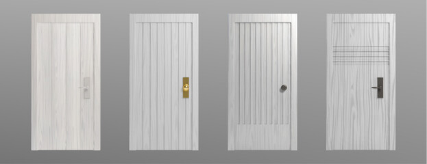 Realistic wooden door with frame and handle, modern white or grey entrance for home interior, isolated 3D vector illustrations. Mockup with elegant wood texture and metal doorknob details