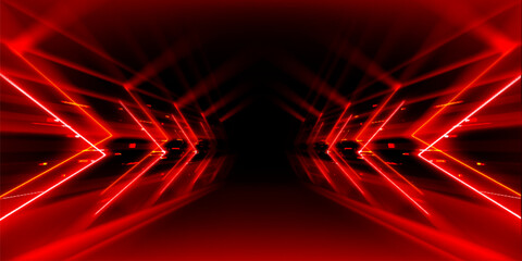 Fototapeta premium Neon red arrow dynamic tunnel with perspective and glowing lights, abstract vector background. Futuristic tech dark pathway with laser effect, cyber border, electric stage frame
