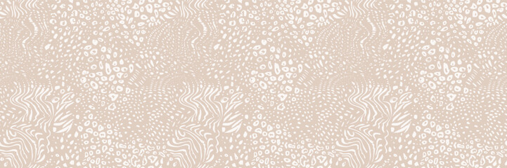 Seamless animal print pattern. Leopard, zebra, tiger skin textures. Abstract vector background mixing cheetah, panther, jaguar fur motifs. Spotted safari elements. Neutral beige jungle camouflage bg © babayuka