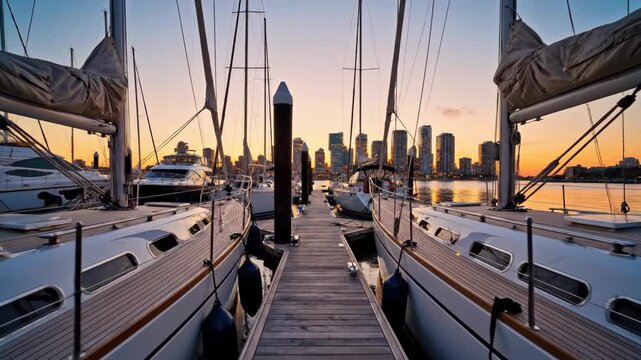 Video of marina harbor scene with moored boats and skyline view, waterfront lifestyle visual, nautical tourism theme and metropolitan coastal setting.