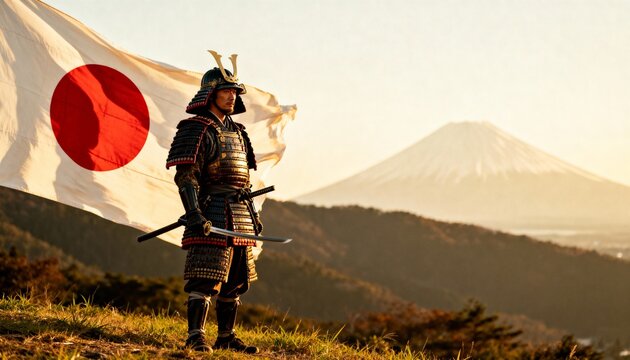 Posing samurai wearing kabuto armor holding katana on grass hill with waving hinomaru flag and Fuji