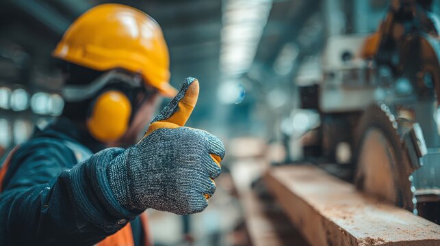 A sawmill worker on sawmill factory giving you a thumbs up while a saw cutting wood on the background.