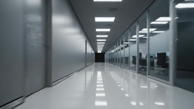 Corporate Hallway Energy \'97 dynamic side-angle view of a minimalist office corridor with matte walls and recessed lighting, glossy floor catching elongated reflections as the camera performs a