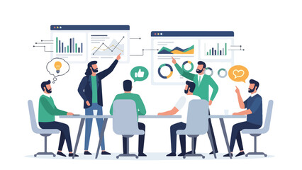 Fototapeta premium Flat illustration of a diverse team collaborating around a table with graphs and charts on screens and floating above, conveying a professional and productive atmosphere.