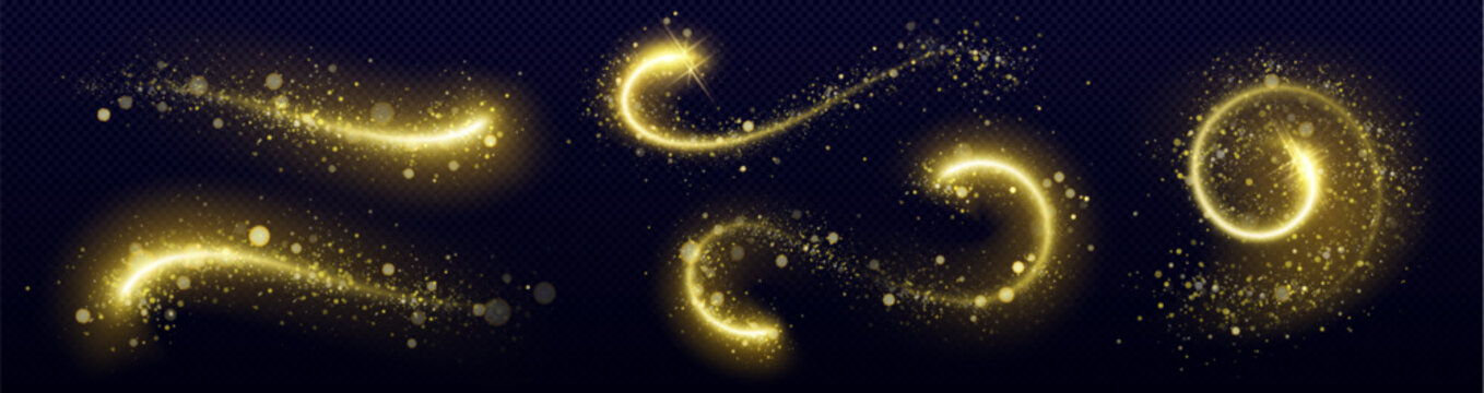 Magical golden glitter trail with sparkling dust particles and glowing star rays, vector swirl effect on dark transparent background. Festive wavy designs elements, shimmering powder