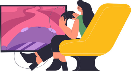 Woman playing video game sitting in yellow armchair © WinWin