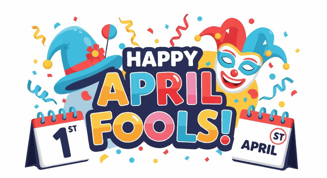 Colorful april fools' day celebration with confetti and jester hat on calendar