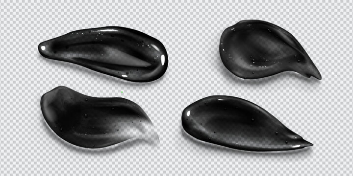 Black cosmetic cream texture, charcoal clay mask smear, realistic vector illustration isolated on transparent background. Skincare gel product swatch, beauty treatment and facial care routine.