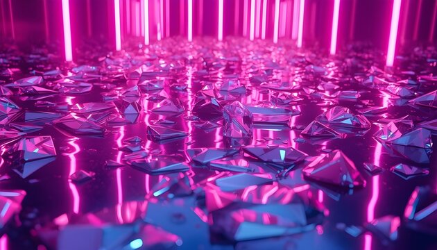 A futuristic room filled with shiny metallic objects and vibrant pink neon lights