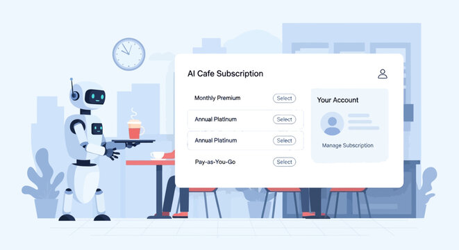 A friendly robot barista serves coffee and displays subscription options on a digital interface in a modern cafe setting.