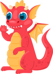 Naklejka premium Red cartoon baby dragon waving and smiling