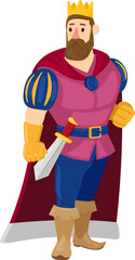 Naklejka premium Crowned king character wearing cape and holding sword