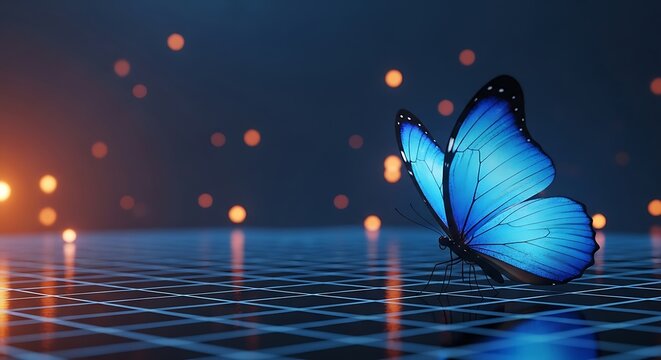 Vibrant blue morpho butterfly resting on a digital grid surface with soft glowing bokeh lights in a dark background