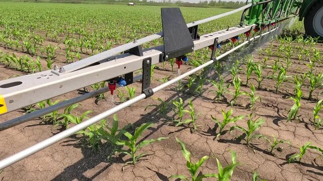 Spraying corn against weeds. Crop sprayer working on a corn field, slow motion. Spring day landscape, rural scene. The tractor and the sprayer protect the corn from weeds to the increase crop yield