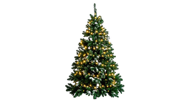 Decorated Christmas tree with yellow lights and snow isolated on a transparent background png