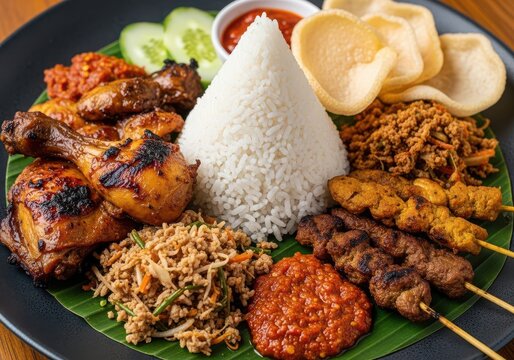 Nasi Goreng Indonesian rice dish with grilled chicken and meat skewers