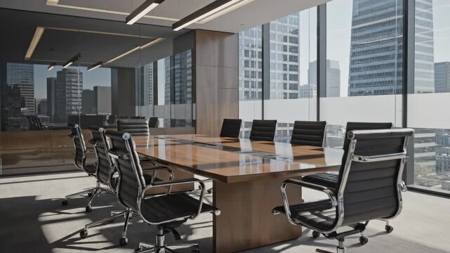 This video showcases a corporate meeting room with empty chairs and glass wall reflections, modern office interior, professional business environment, and minimalist workspace design.