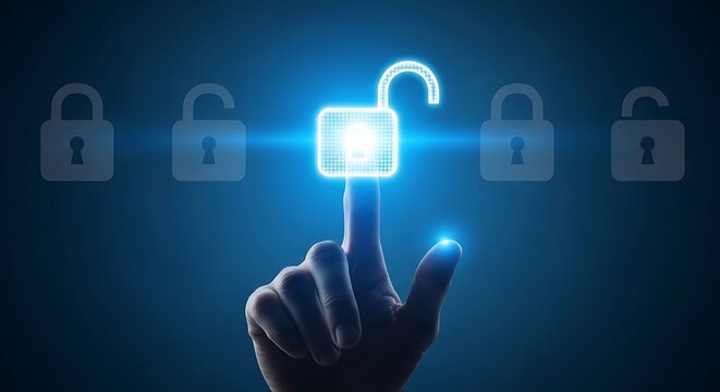 Finger touching a glowing unlocked padlock icon, symbolizing security, access, and data protection.