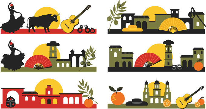 Spain culture travel banners with flamenco dancer bull guitar architecture olives and sunset Spanish tradition flat vector illustration set