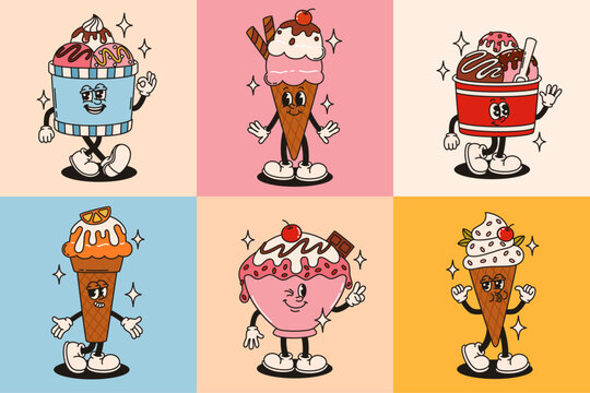 A set of groovy ice cream characters. Funny ice creams in cups and cones.
