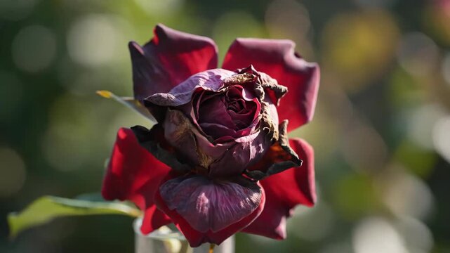 Red rose transitioning from fresh blossom to withered flower in vase. Time lapse showing natural life cycle of blooming plant aging and decaying in daylight.