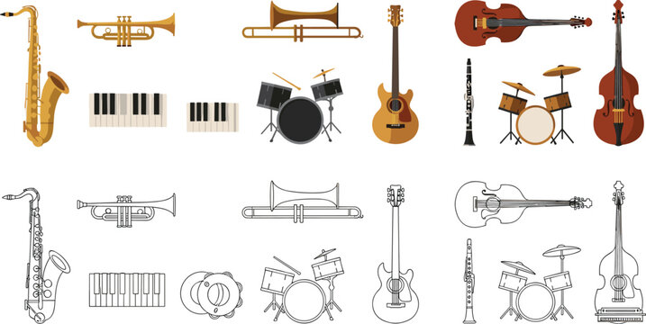 Musical instruments collection including saxophone trumpet trombone piano drums guitar violin clarinet orchestra flat vector illustration set