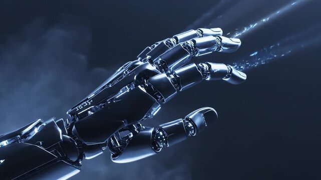 Abstract Mechanical Intelligence Visualization \'97 stylized futuristic scene where a robotic hand formed from luminous metallic segments emerges from darkness, thin streams of light flowing