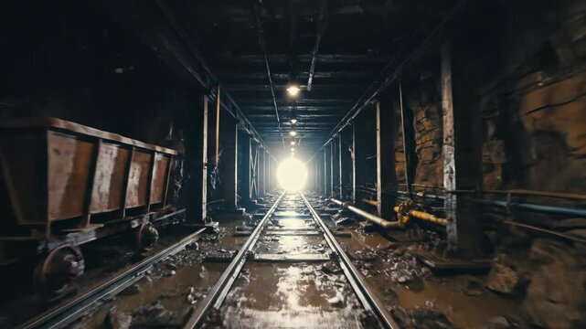 Underground mine tunnel with railway tracks leading to bright light at end. Industrial mining shaft path with ore cart and pipes. Earth excavation extraction.