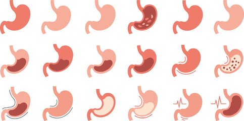 Human stomach anatomy icon collection showing digestion gastric problems acid reflux medical healthcare flat vector illustration set