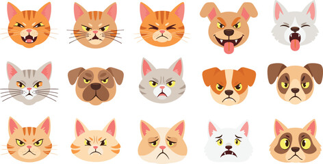 Obraz premium Angry cat and dog face emoji collection with different pet expressions cartoon animal avatar flat vector icon set