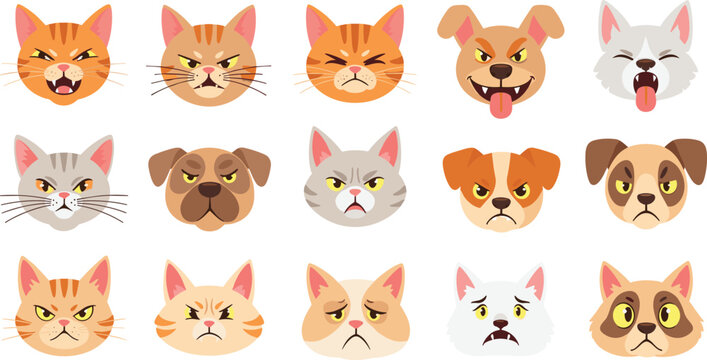 Angry cat and dog face emoji collection with different pet expressions cartoon animal avatar flat vector icon set