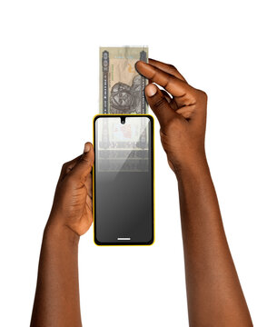 A hand inserts Eritrean Nakfa currency into a smartphone, representing the digital transformation of Eritrea&rsquo;s financial landscape through mobile banking and secure electronic transactions.