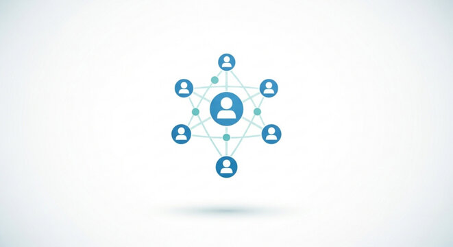 Network of connected people icons in blue and green on white background representing social connections and community