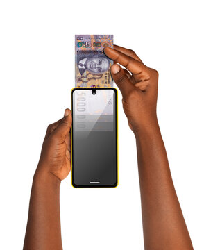 Hands insert a purple Malawi 5,000 Kwacha note into a smartphone, creatively representing mobile banking, high-value digital transfers, and the modernization of finance in the "Warm Heart of Africa."