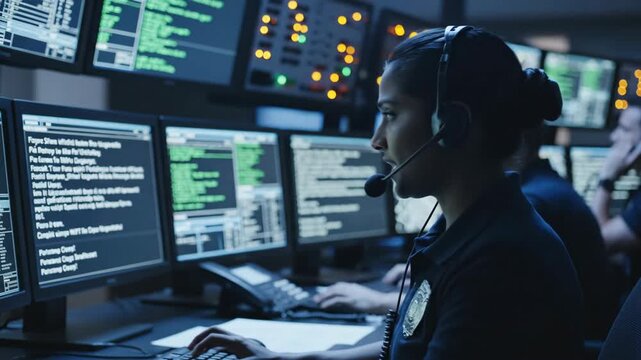 Female police dispatcher using computer with maps in emergency call center. Operator monitoring security system and digital data for responsive crime management.